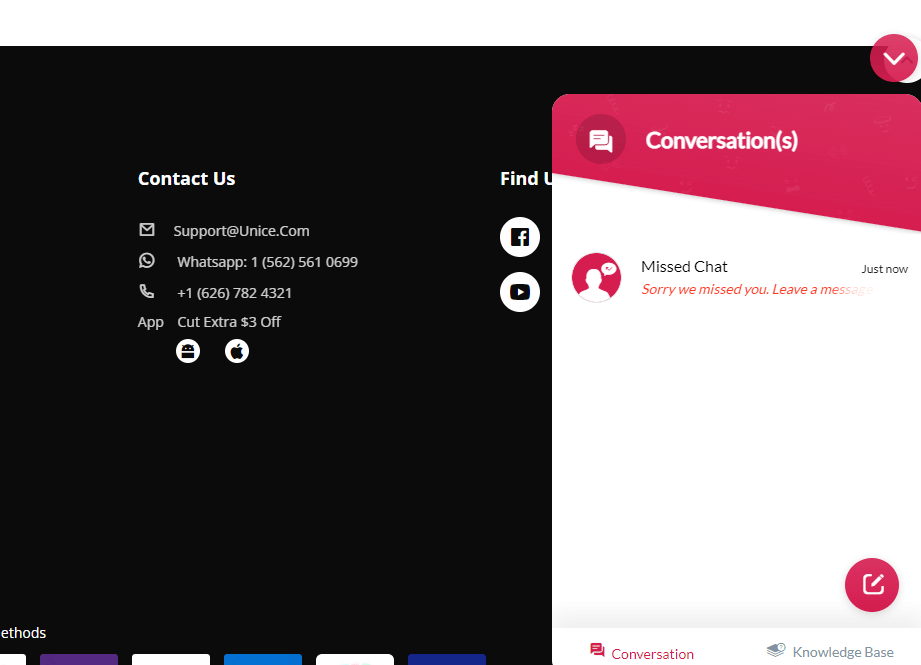 Unice hair website - live chat