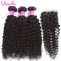 QueenLike Hair Products Malaysian Kinky Curly Hair With Closure Non Remy Hair Weave 3 4 Bundles Human Hair Bundles With Closure