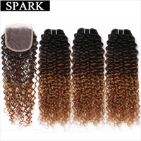 SPARK Ombre Brazilian Kinky Curly Weave Human Hair Bundles with Lace Closure Free Part T1B/4/30 Remy Hair 3 Bundles with Closure