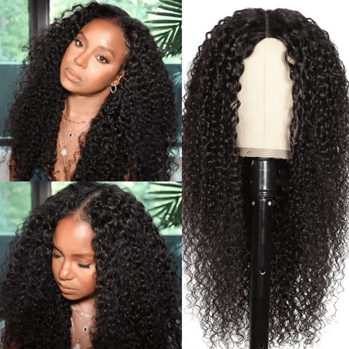 Nadula V Part Kinky Straight Human Hair Wigs Protective Style Wigs No Lace  No Gel Glueless Kinky Human Hair Wigs For Women