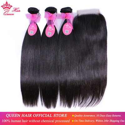 Queen Hair Official Store Brazilian Straight 3 Bundles With Lace Closure 100% Human Virgin Hair Extension Natural Color Products
