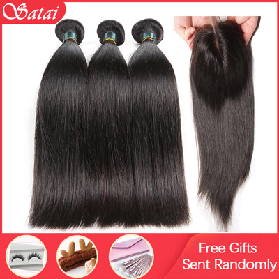 Satai Straight Hair Bundles With Closure Brazilian Hair Weave Bundles 8-38 Inch Human Hair Bundles With Closure Hair Extension