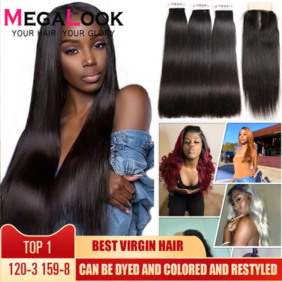 Megalook Straight Hair Bundles With Closure Super Double Drawn Virgin Hair Brazilian Hair Human Hair Bundles with Closure 3 4
