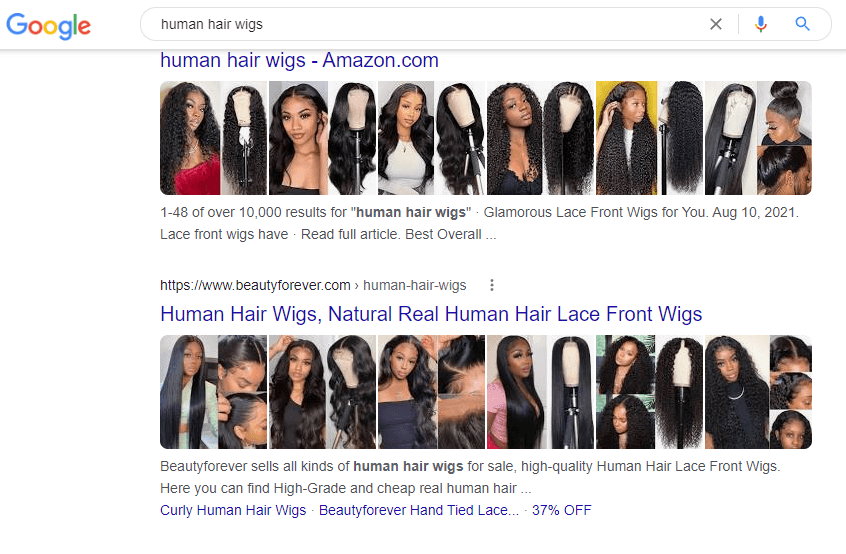 A simple "human hair wigs" Google Search
