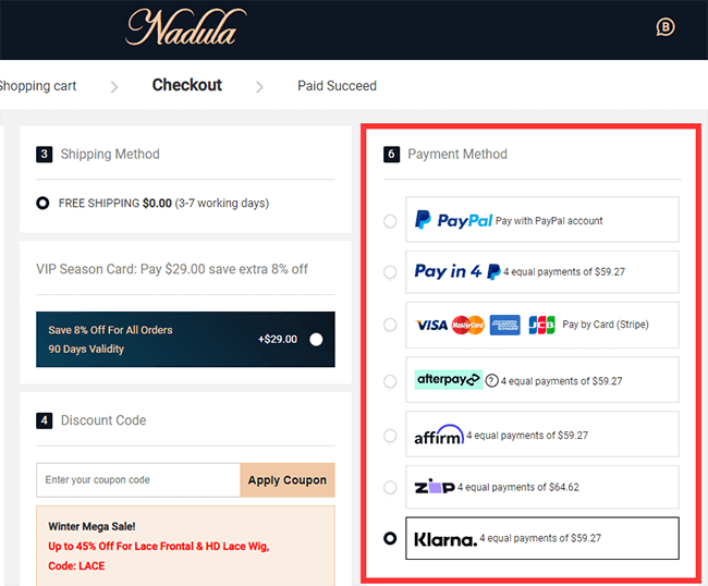 nadula payment methods