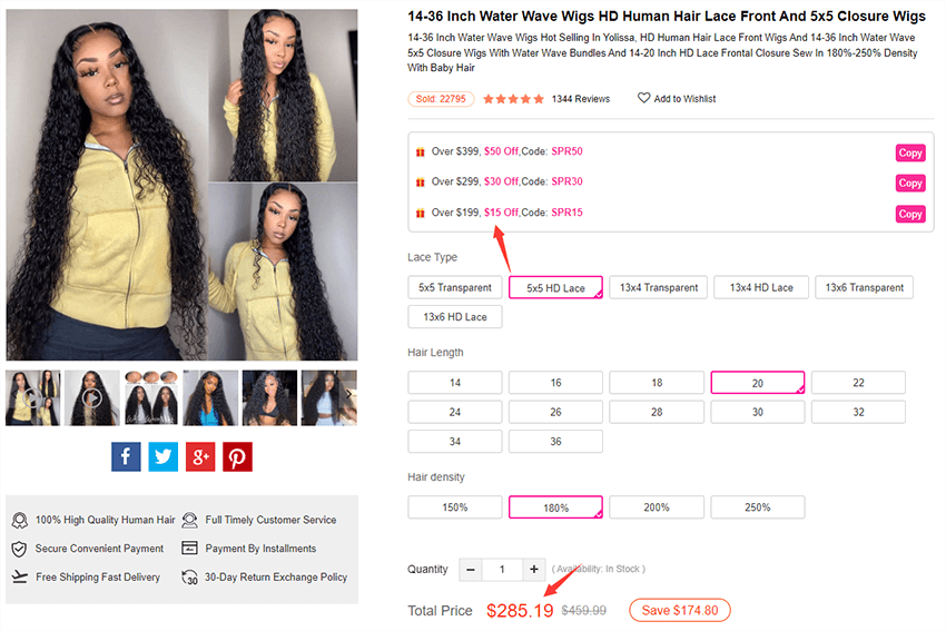 the price of Yolissa's deep wave wig